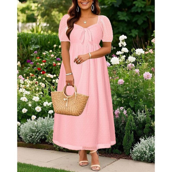 Plus Size Summer Dress Light Pink V-Neck Tie Front Maxi Swiss Dot - Picture 6 of 6